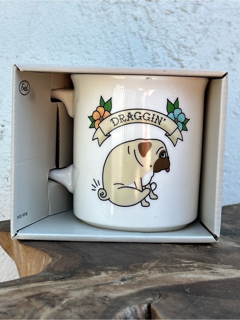 Fred White Ceramic Mug with Pug Illustration and Floral Banner Pug Dog